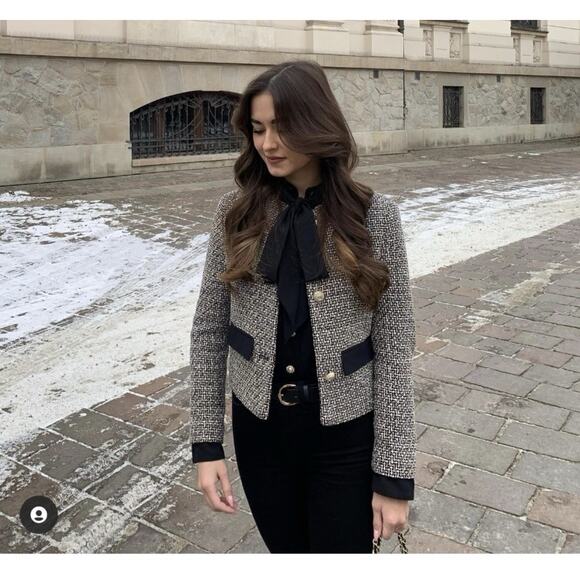 ZARA TWEED BOUCLE TRIM TEXTURED BLAZER JACKET WITH BOW SZ L PREPPY OLD MONEY - Picture 5 of 15